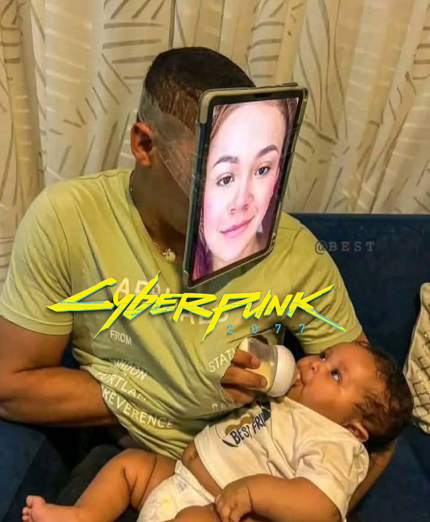 This meme is an image of a man holding a baby while wearing a tablet with a woman's face on the screen. The text "Cyberpunk 2077" is written in a futuristic font above the image, while the text "I'm not a baby, I'm a cybernetic organism" is written in a smaller font below. The image is a humorous take on the idea of a "cybernetic baby" from the movie "The Terminator", but with a more modern and humorous twist.